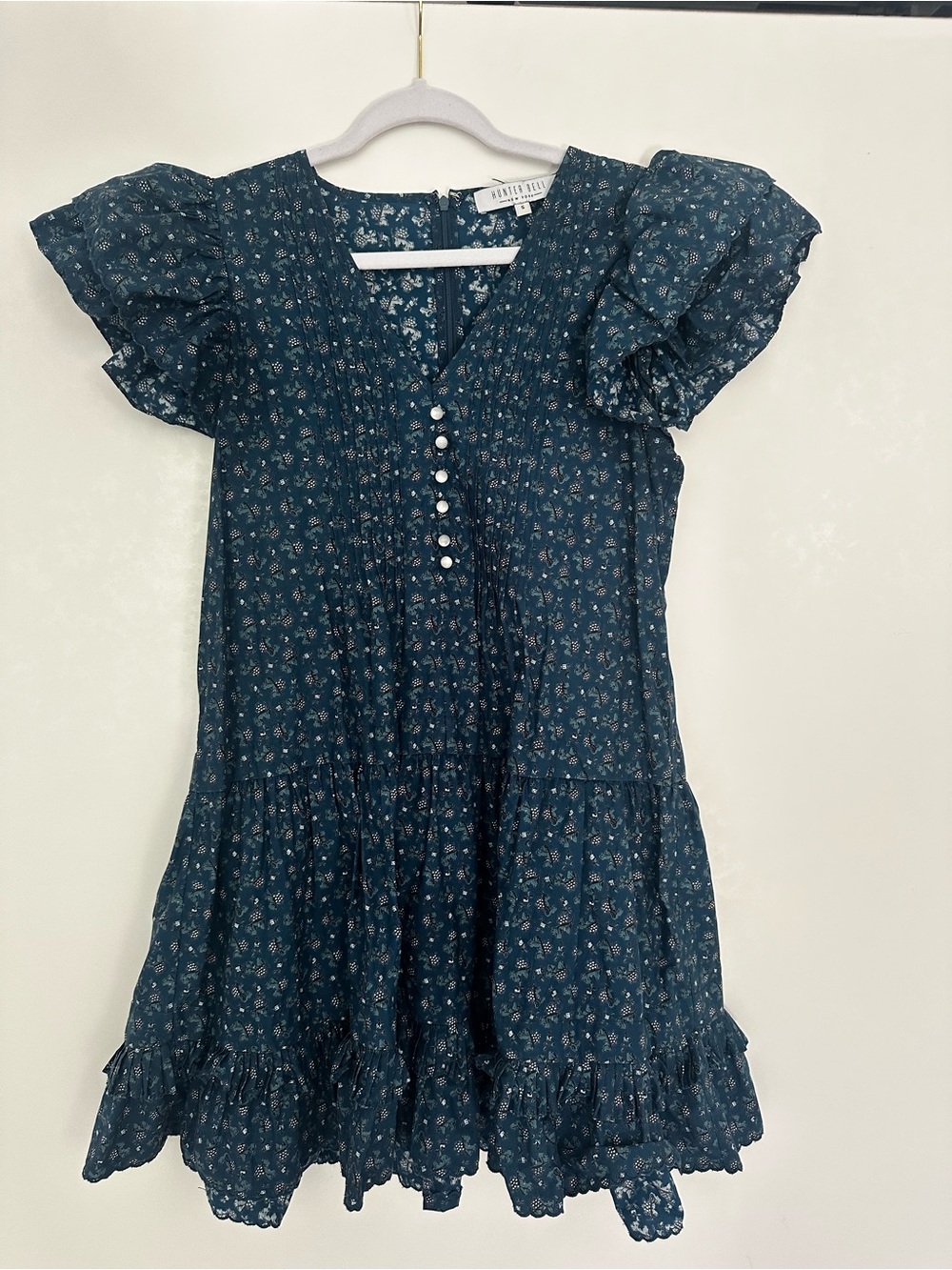 HUNTER BELL Navy Blue and White Ruffle Mini Dress